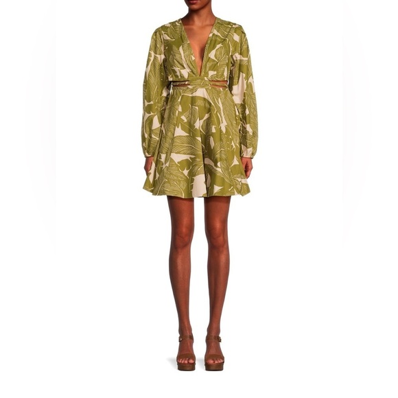 NEW Walter Baker Janelle Leaf Print Plunging Mini Dress - Picture 1 of 4